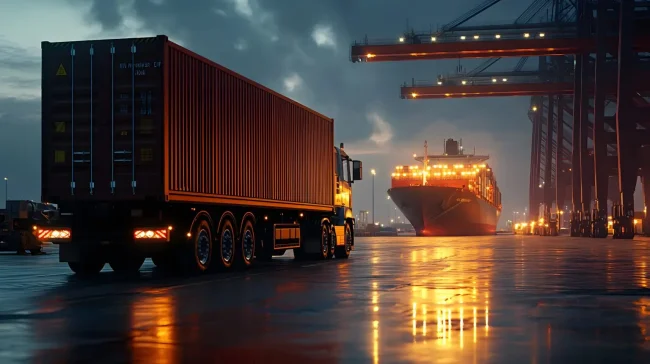 Detailed scene of a container truck waiting at the port gate, with a backdrop of a large cargo ship and port infrastructure, emphasizing the logistics network Understanding Freight Factoring